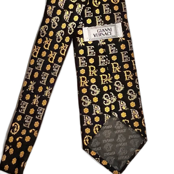 Gianni Versace Black and Gold Silk Tie with Dual Patterns - Picture 4 of 8